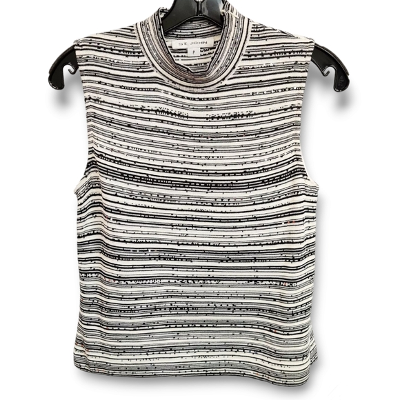 St John Sleeveless Shell Tank Top Sparkly Black Cream Striped Knit Size P - Picture 1 of 11